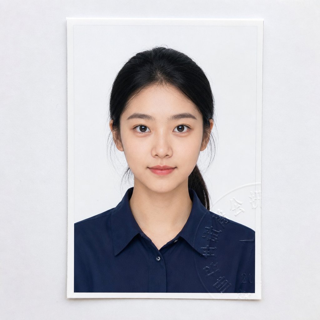 现代都市女大学生证件照，白底黑发马尾，大眼弯弯，身穿深蓝衬衫，背景有钢笔字迹my sunshine
