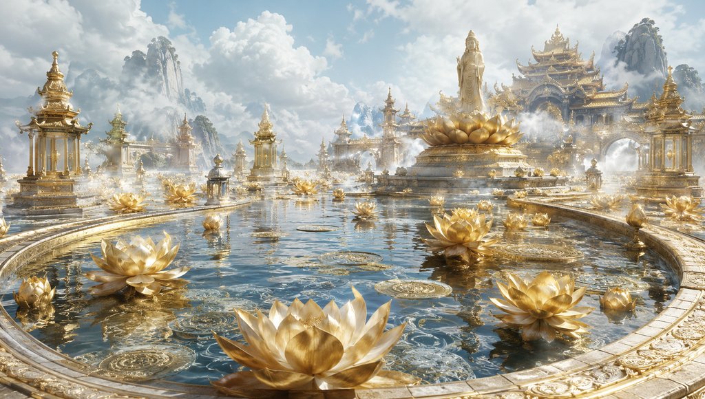 金色莲花漂浮于清波池中，背景为东方神话建筑与云雾缭绕的山峦，写实风格3D场景