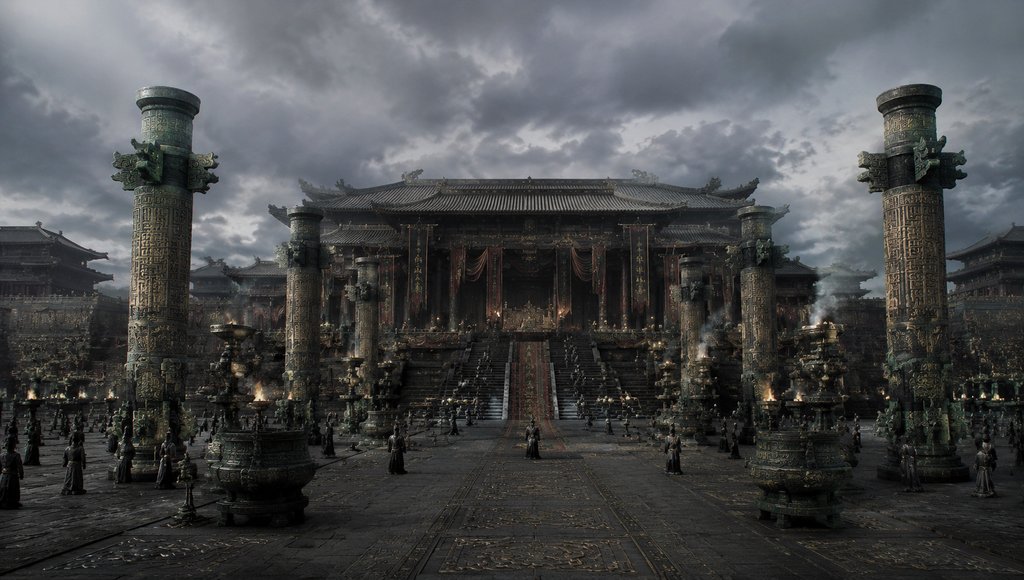 朝歌商王宫，玄黑殿宇配青铜饕餮纹，九鼎陈列，写实风格神话场景