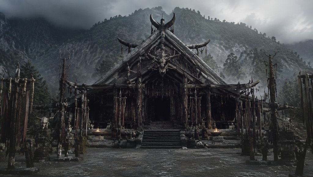 上古巫祝神庙，骨饰木构，图腾装饰，阴云密布山林背景，写实风格