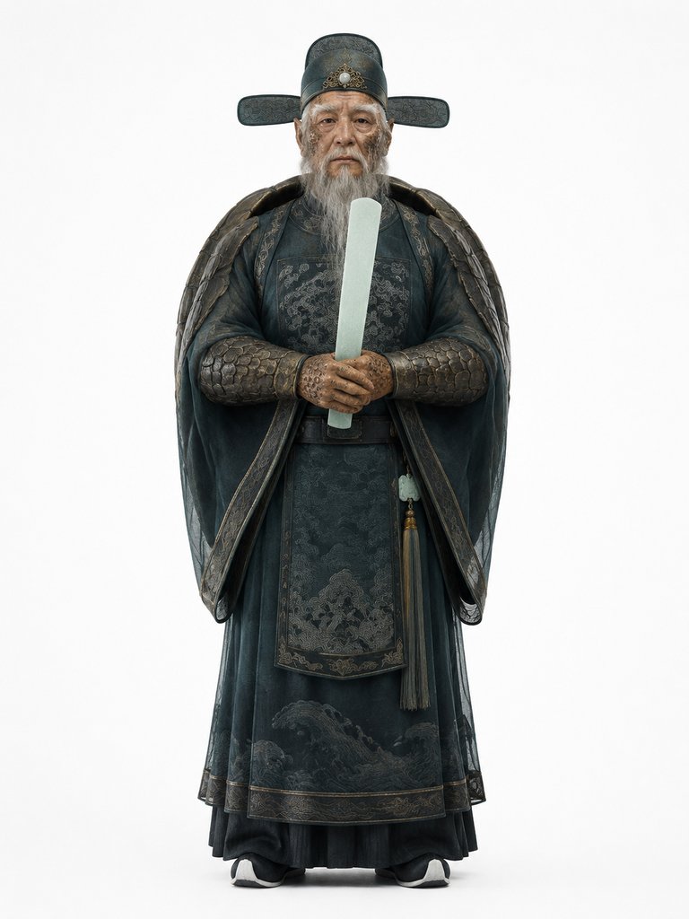 龟丞相身穿官袍纱帽，手持笏板，背负龟壳背甲，写实风格东方神话角色