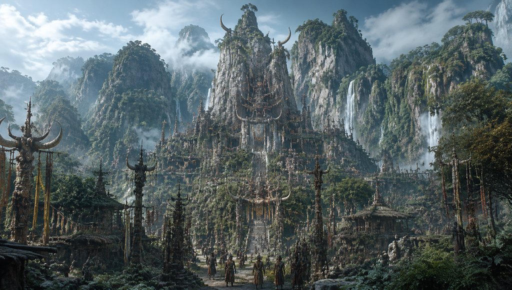 上古巫咸国灵山百药场景，群巫环绕神秘山峰，写实风格3D概念图