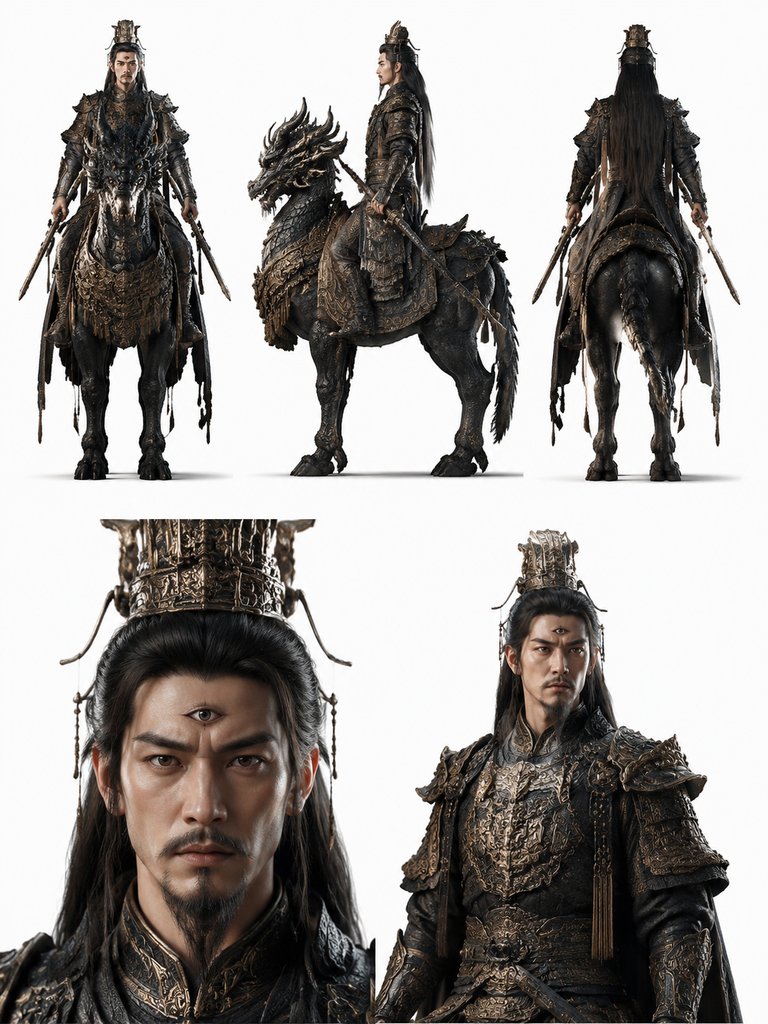 闻太师骑龙马，玄甲金冠，第三只眼，手持雌雄双锏，商周神话写实风格
