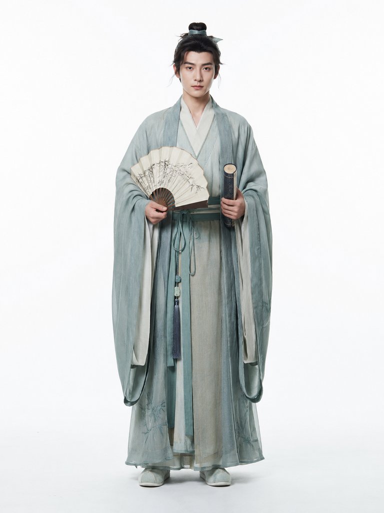 身穿青色长袍的书生手持折扇与书卷，文弱儒雅，东方古典写实风格