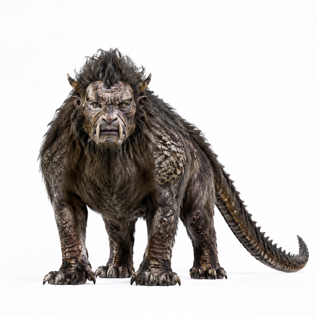 上古凶兽梼杌，虎躯人面，獠牙长尾，写实3D风格