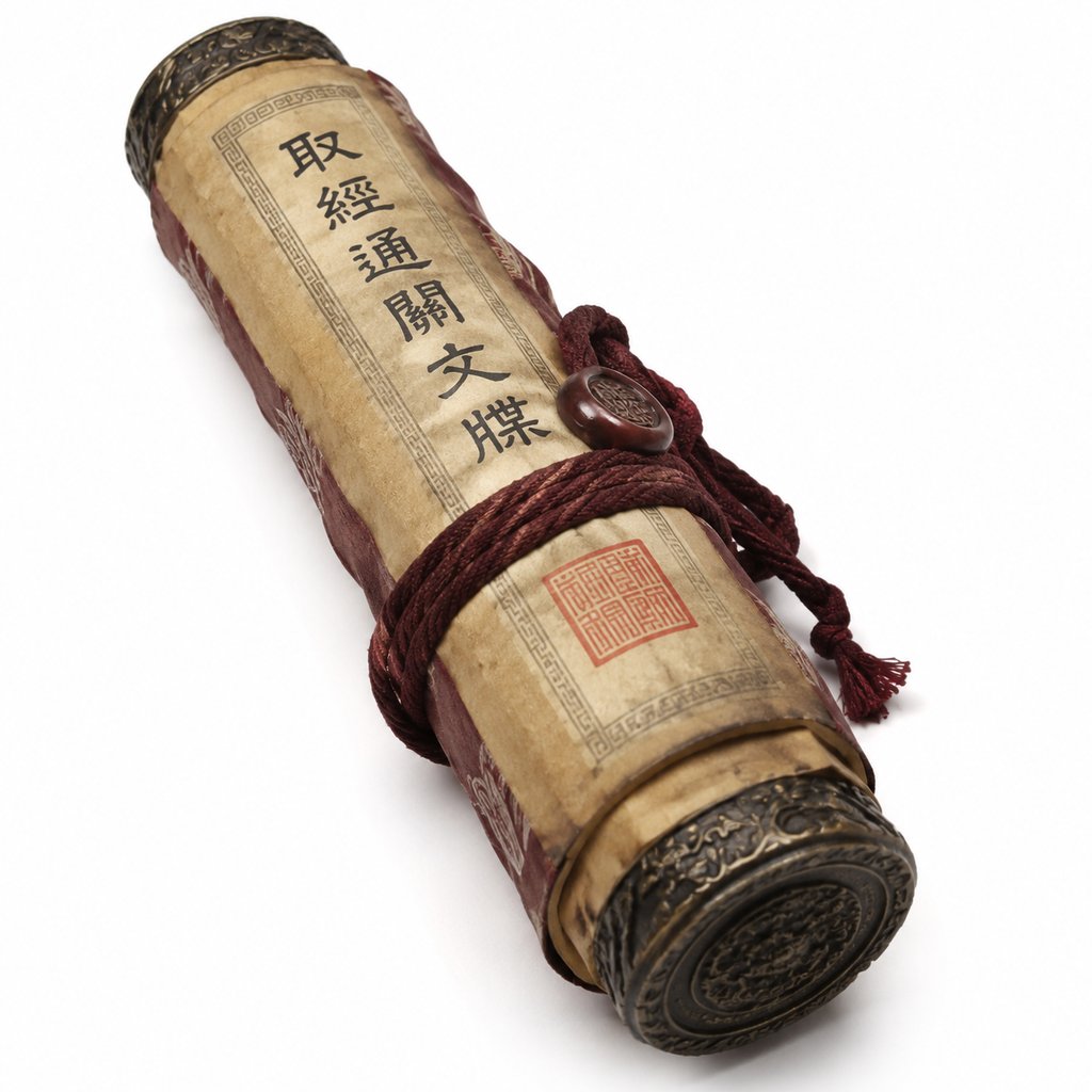 古风卷轴文书，印有‘取经通关文牒’字样，配红色丝绳与印章，写实东方神话风格