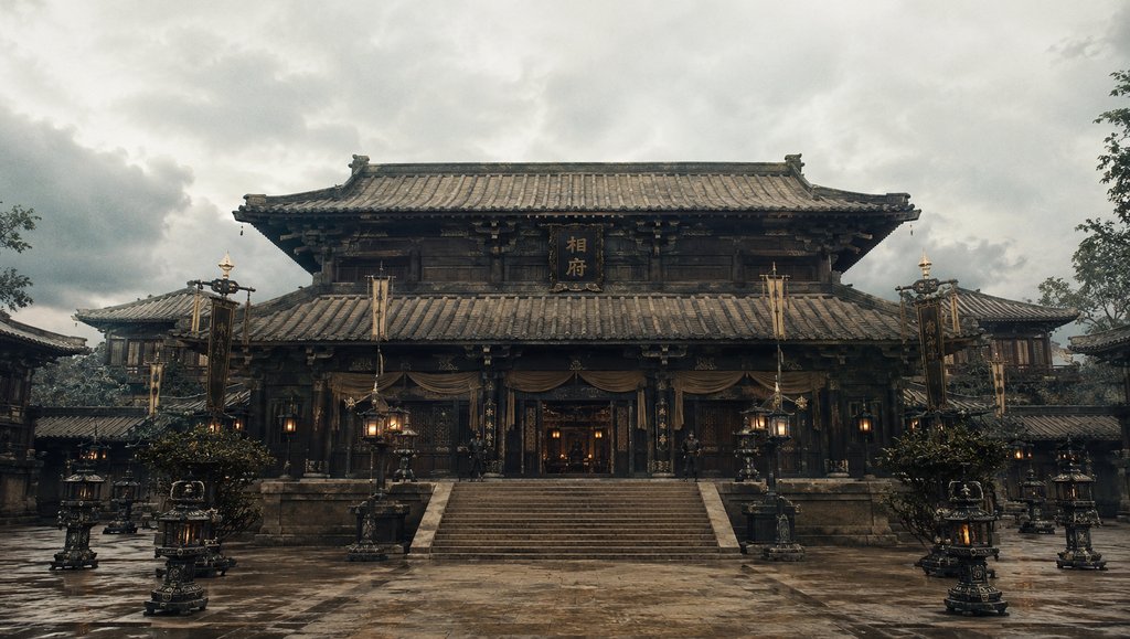 古朴肃整的相府厅堂，传统中式建筑风格，飞檐斗拱，雕梁画栋，写实商周神话风格