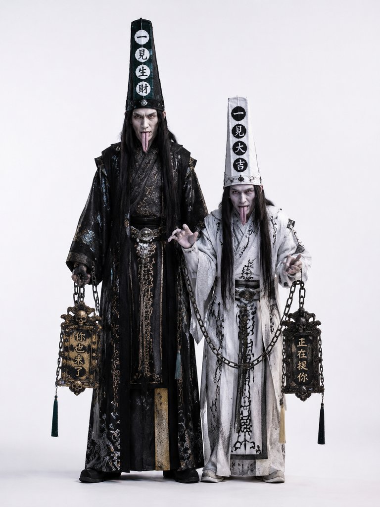 黑白无常，身穿黑白色长袍，头戴高帽，吐舌持链，写实东方神话角色