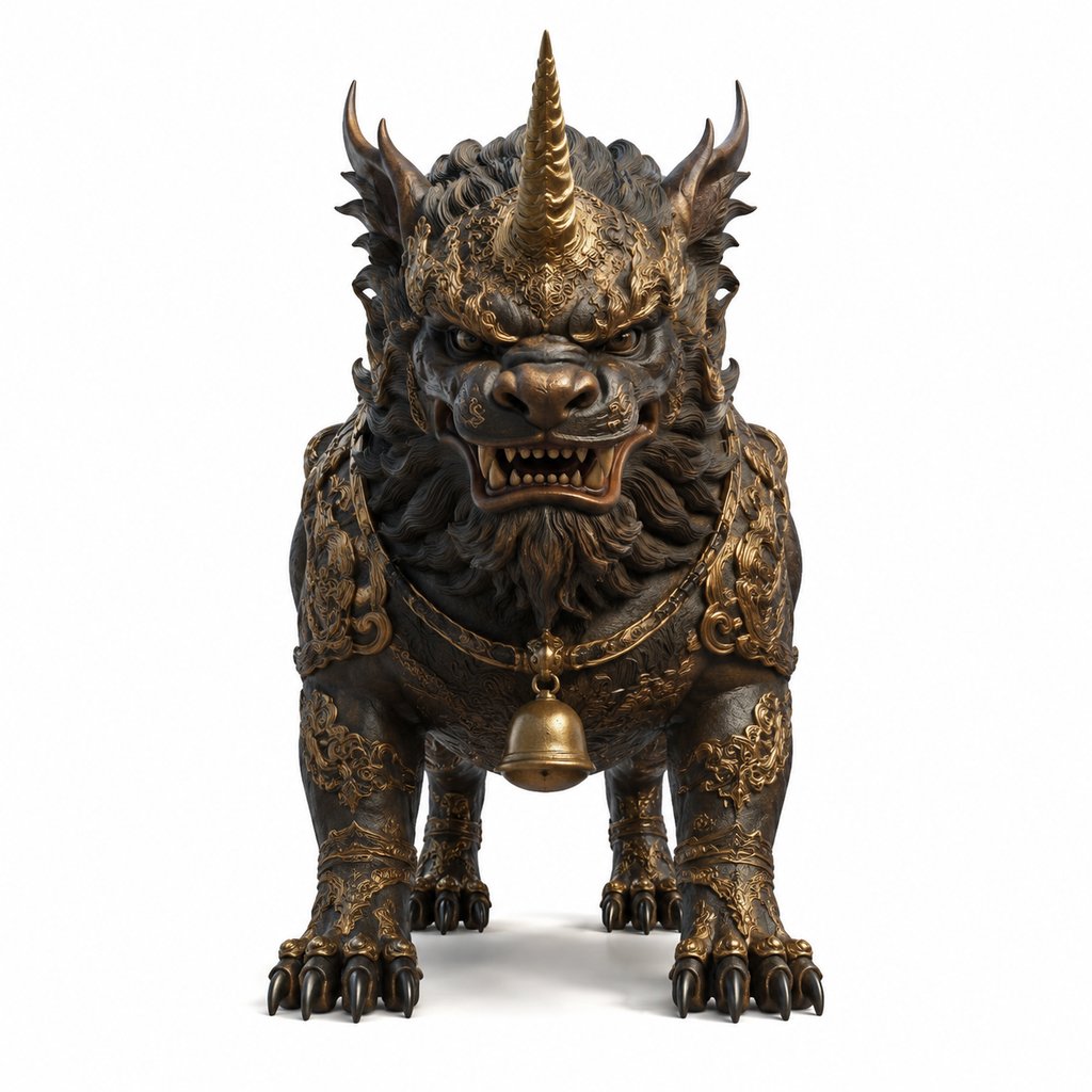 谛听，东方神话中的犬形神兽，独角，金色装饰，写实风格3D模型