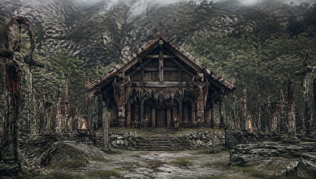 上古祖庙木构建筑，图腾柱环绕，雾气山林背景，写实风格