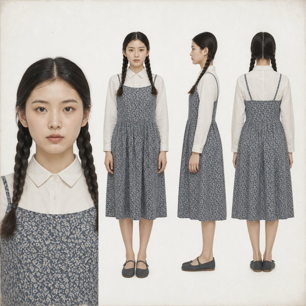 1970年代工厂女青年，黑发双辫，白衬衫配蓝灰花裙子，复古朴素风格