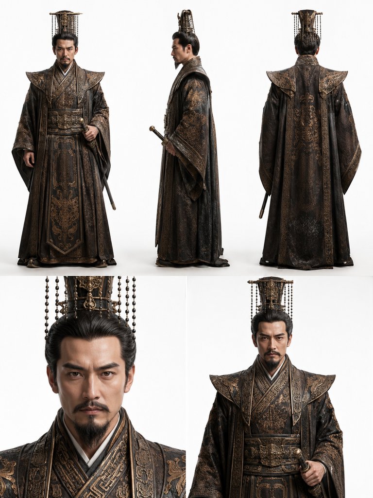 武王姬发身着衮服冠冕，手持宝剑，英武威严的商周神话写实角色形象