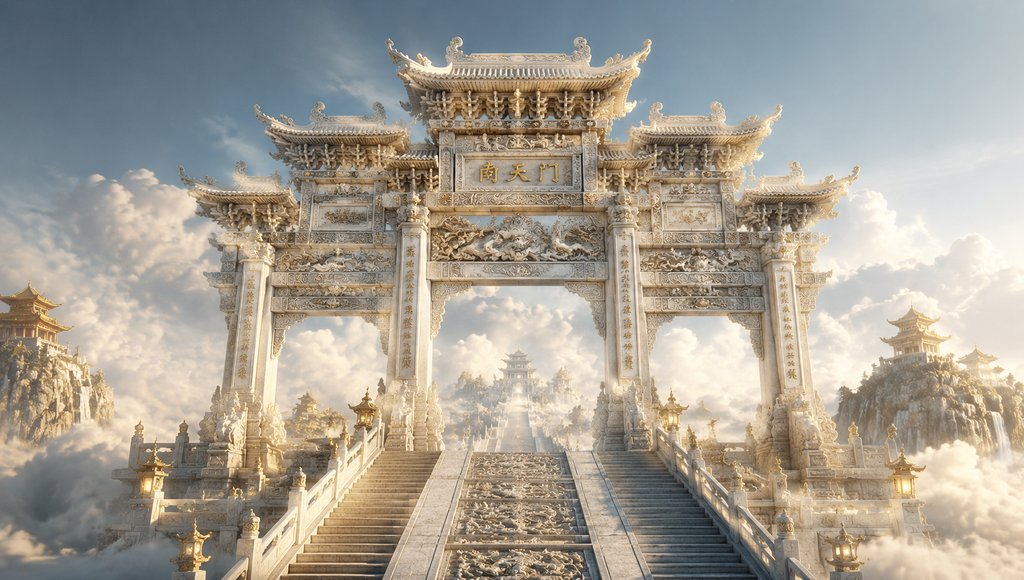 南天门白玉牌楼，雕龙云纹，天阶通向云中宫殿，东方神话写实风格