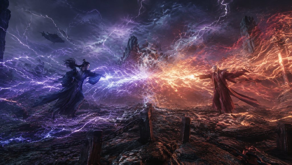 两位法师在雷火交织的战场中对决，紫白雷电与烈焰碰撞，写实风格商周神话场景
