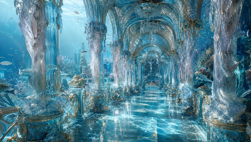 水下龙宫水晶长廊，通透晶柱与游鱼环绕，波光粼粼的东方神话写实场景