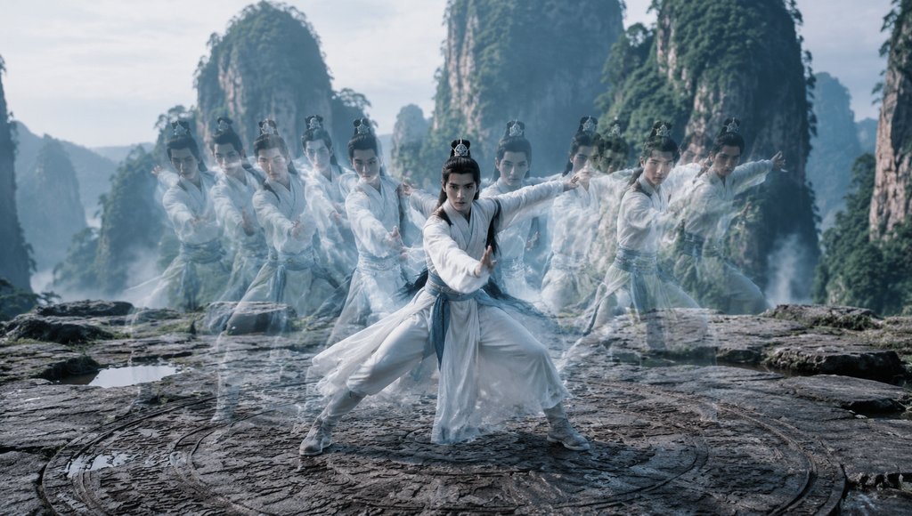一名身穿白衣的侠士在山间石台上施展出分身术，周围环绕多个残影，背景为云雾缭绕的奇峰，写实东方神话风格。