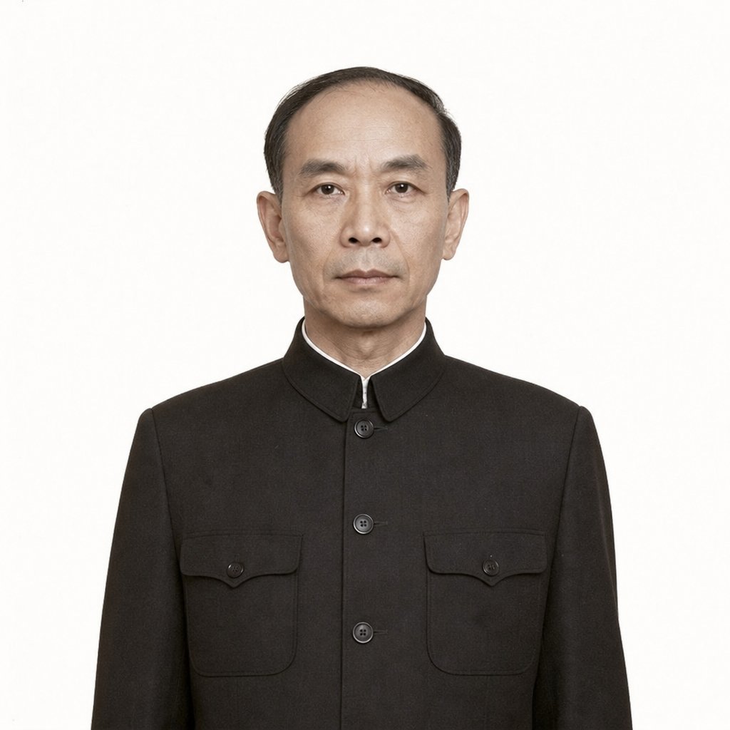 1970年代农村干部，中年男性，消瘦身材，穿黑色中山装，头发稀疏，复古年代风格
