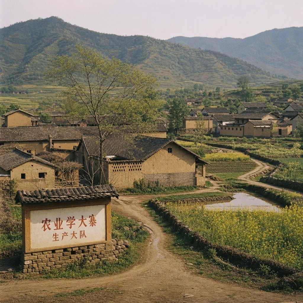 1970年代中国农村生产队，土坯砖瓦房，田间小路，丘陵山地，年代感乡村场景