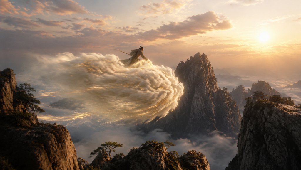 一名侠士骑乘翻腾的筋斗云，穿梭于云海山峰之间，夕阳余晖映照，东方神话写实风格