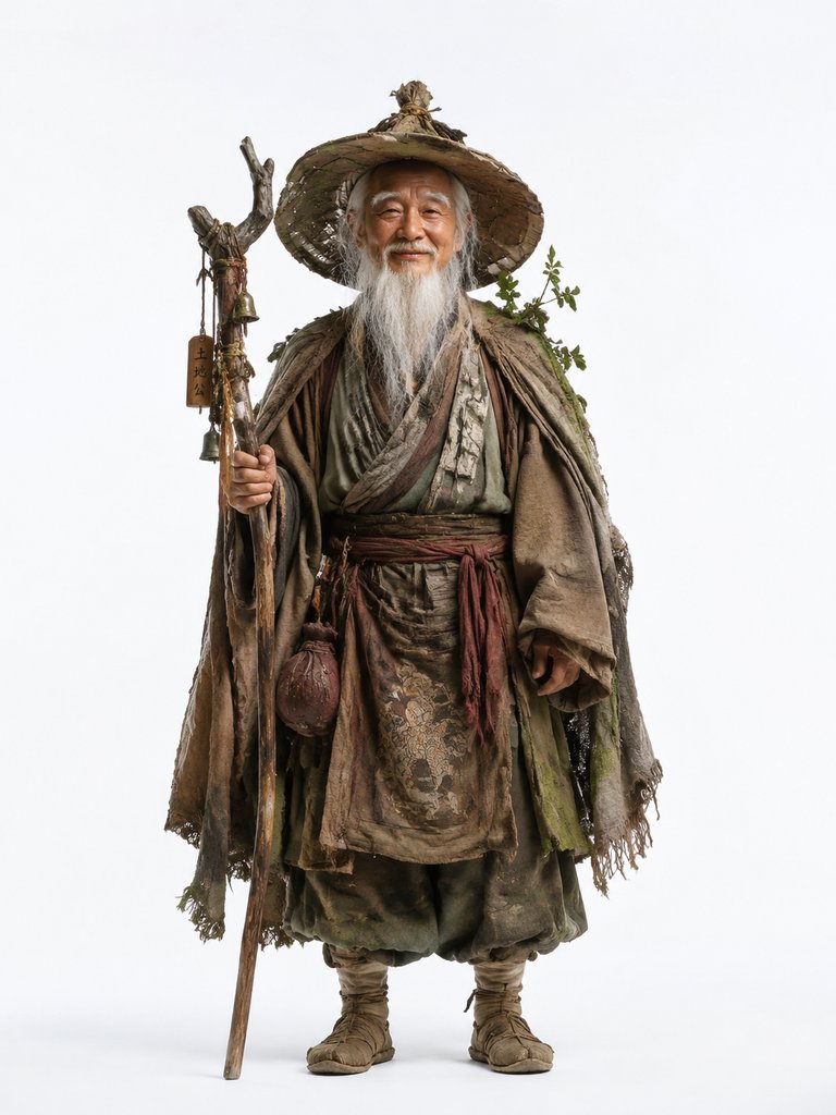土地公，白须老者，戴瓜皮帽，持拐杖，东方神话写实风格