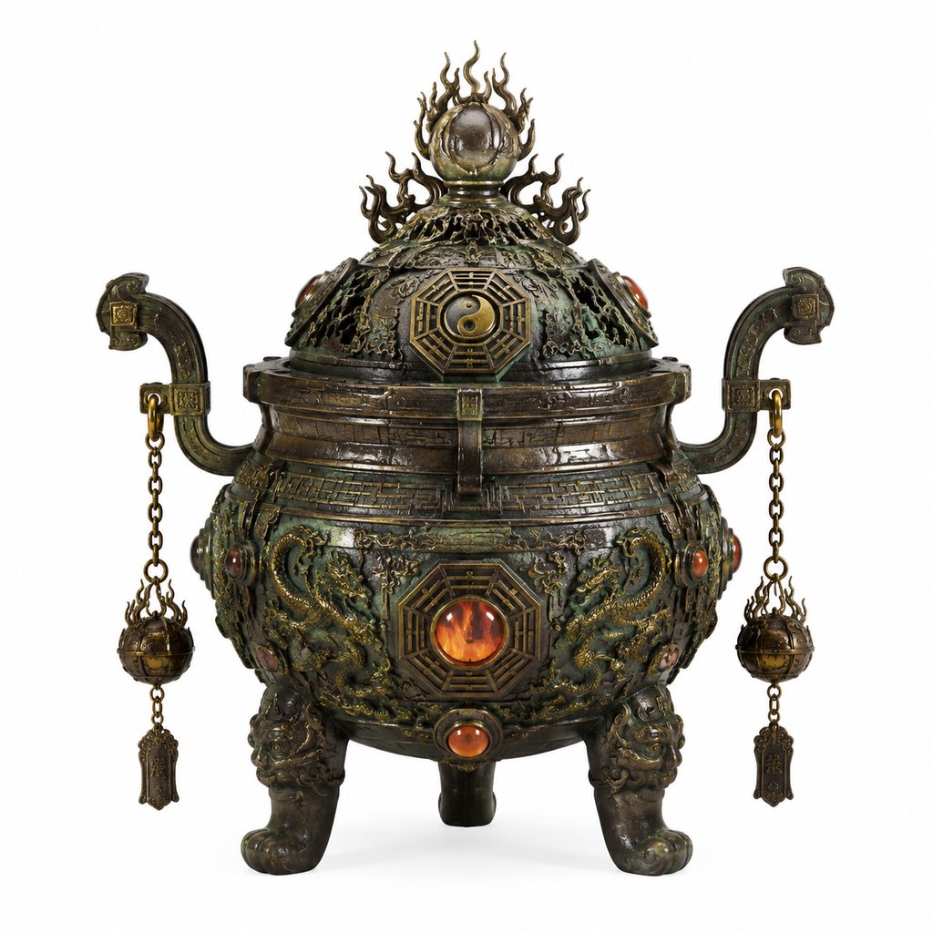 青铜八卦炉，饰有太极纹与龙纹，镶嵌红宝石，三足双耳，悬挂铃铛，东方神话写实风格