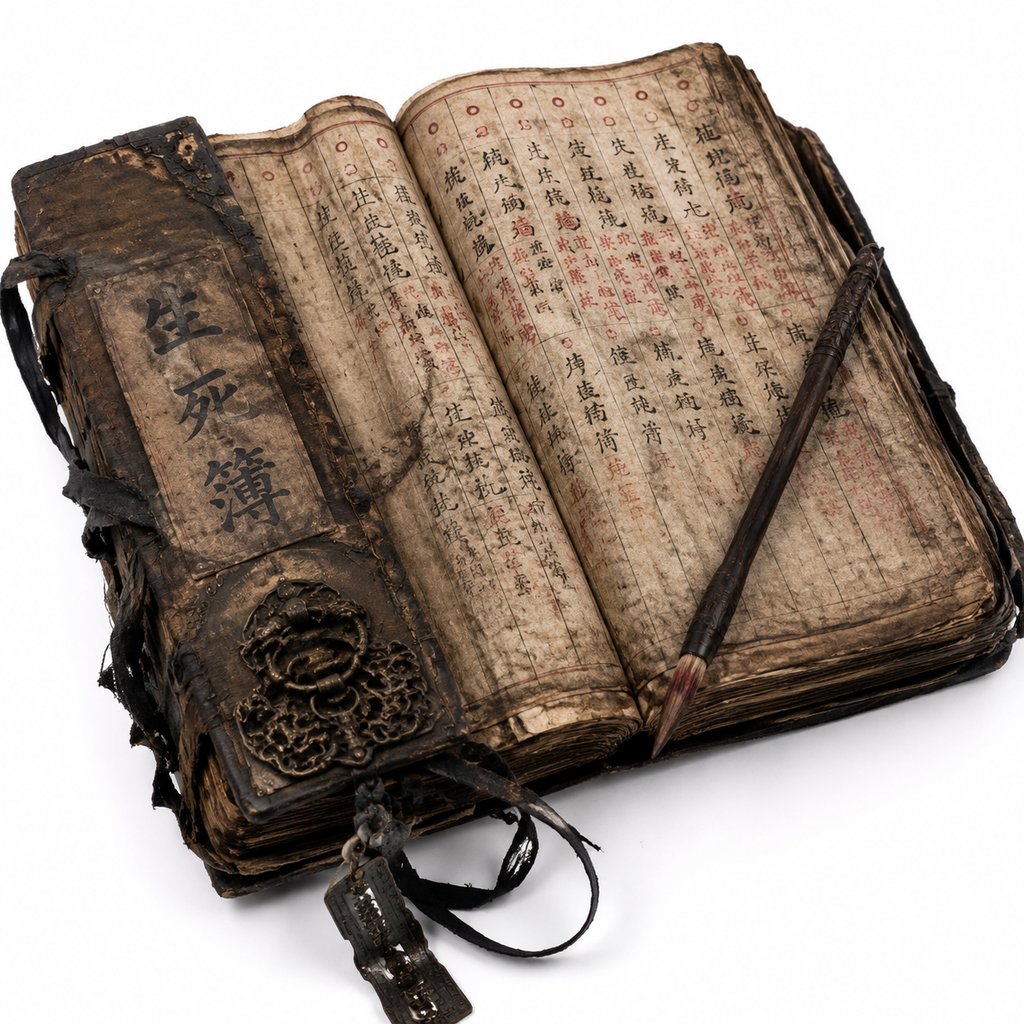 古旧生死簿，泛黄纸页上朱笔书写姓名，配毛笔，东方神话写实风格