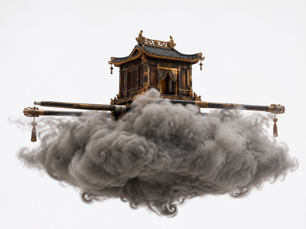 东方神话风格的神轿悬浮于灰云之上，黑金雕饰，写实3D渲染