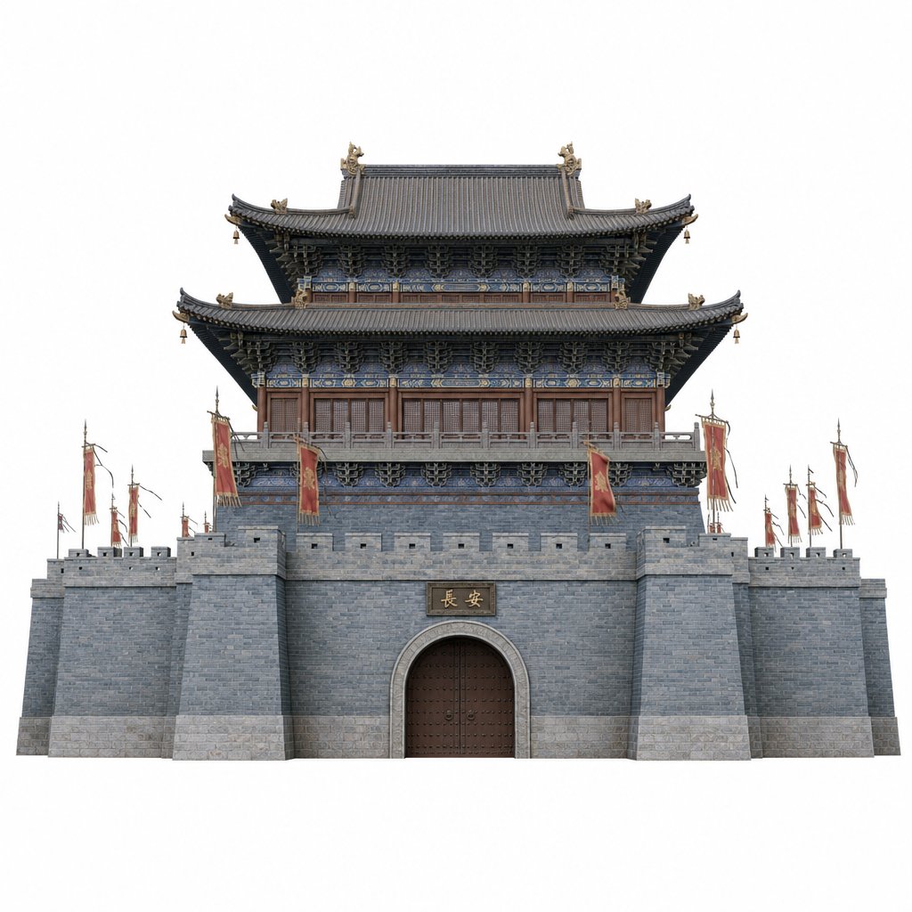 古风仙侠风格长安城楼，青砖灰瓦，双重飞檐，城墙雄伟，旗帜飘扬