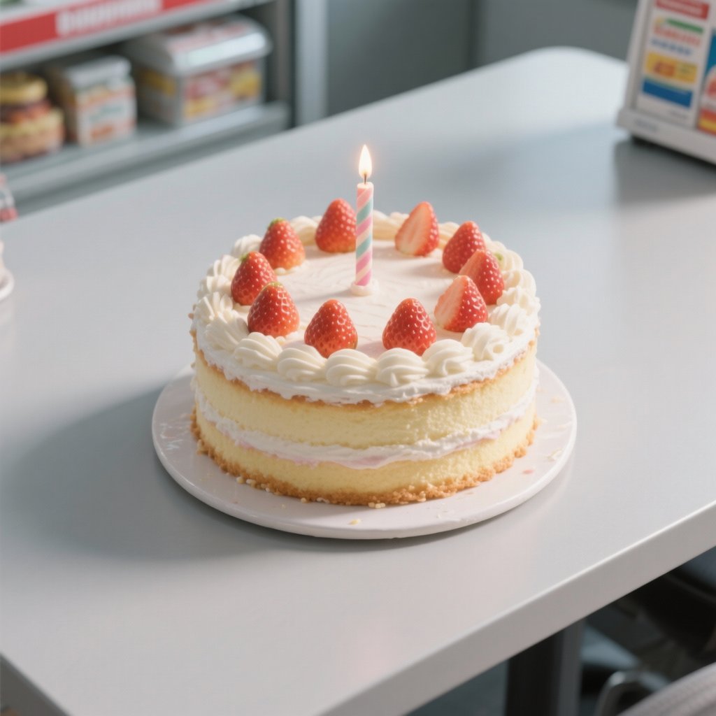 一个装饰着草莓和奶油的生日蛋糕，顶部插着一根点燃的蜡烛，摆放在白色桌面上
