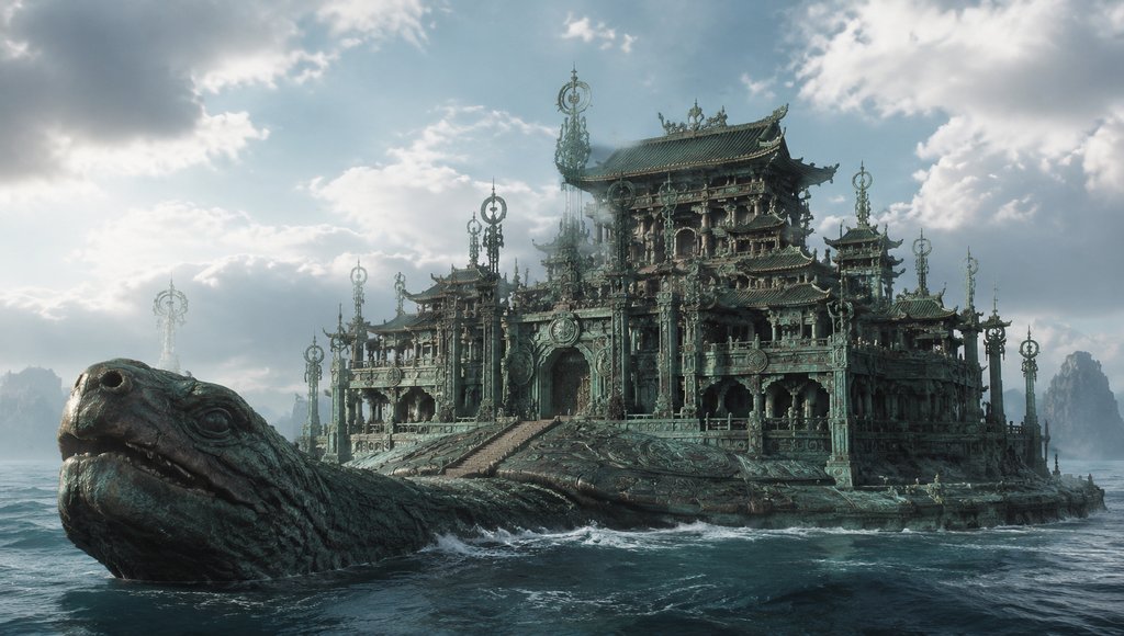 巨鳌驮负的仙宫琼阁，玄幻风格写实建筑，商周神话主题