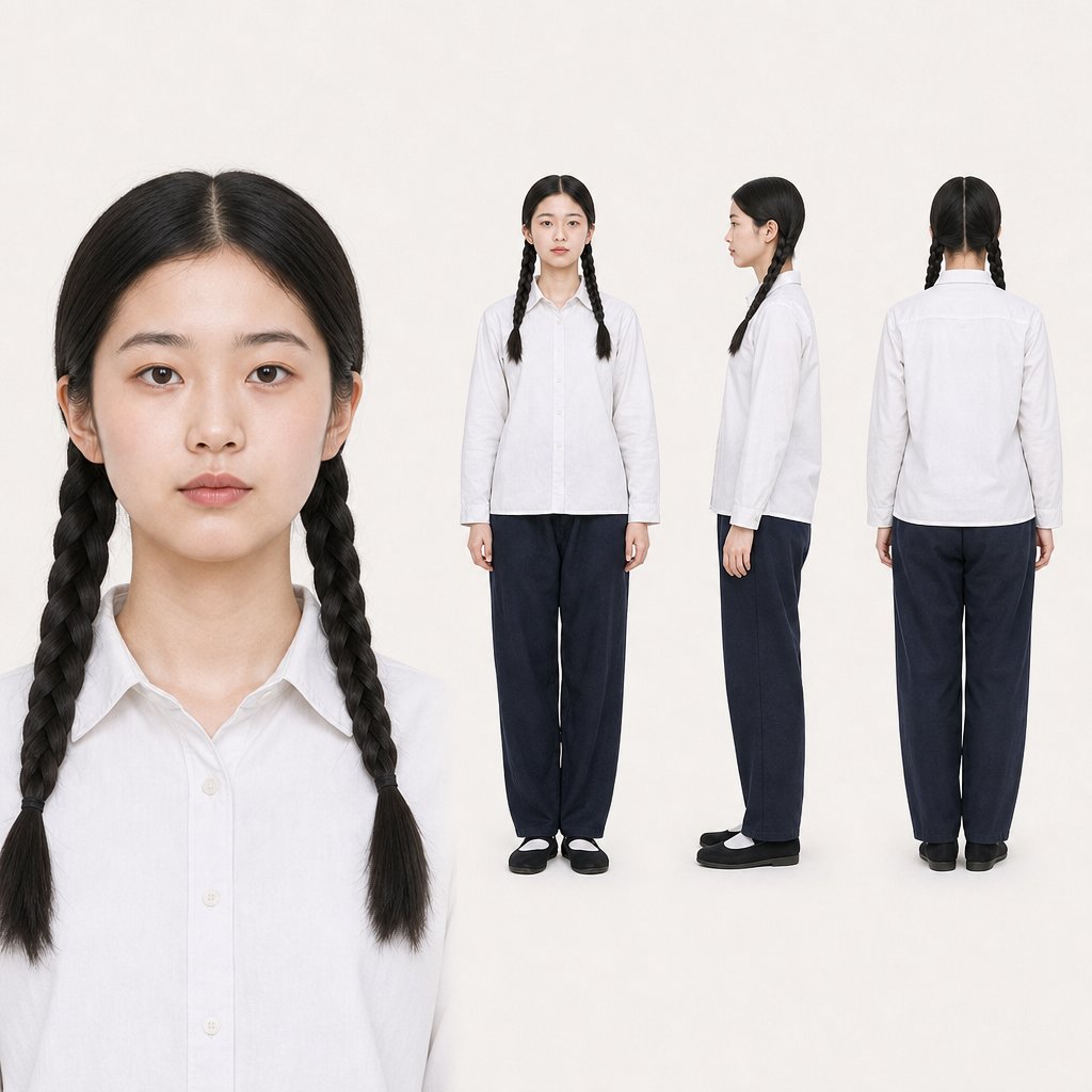 1970年代女高中生，黑发双辫，身穿朴素白棉布衬衫和深色长裤，身形纤细，复古风格