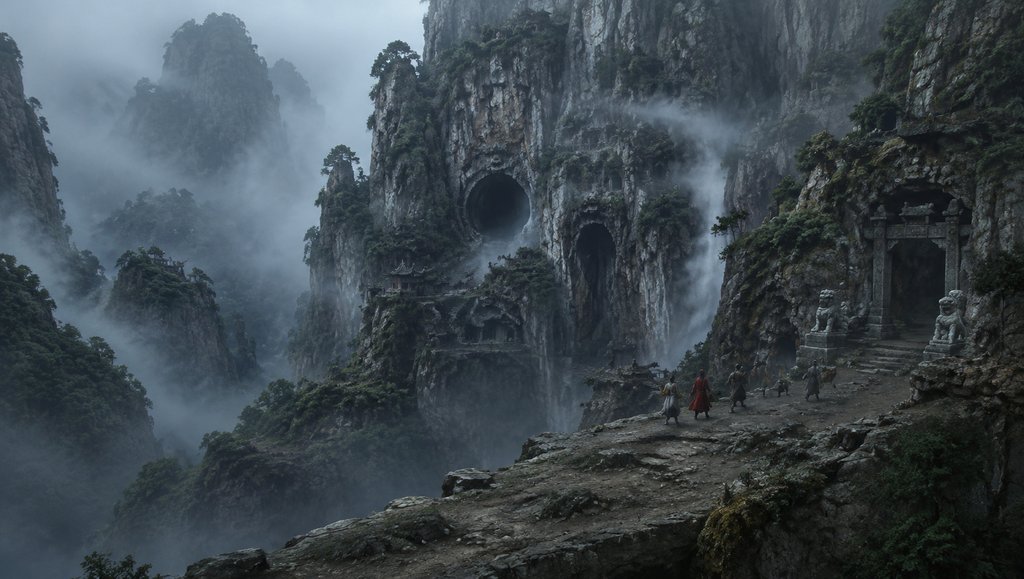 隐雾山连环洞，雾锁山壑，东方神话写实场景，人物行于古道，石狮守门，洞穴幽深
