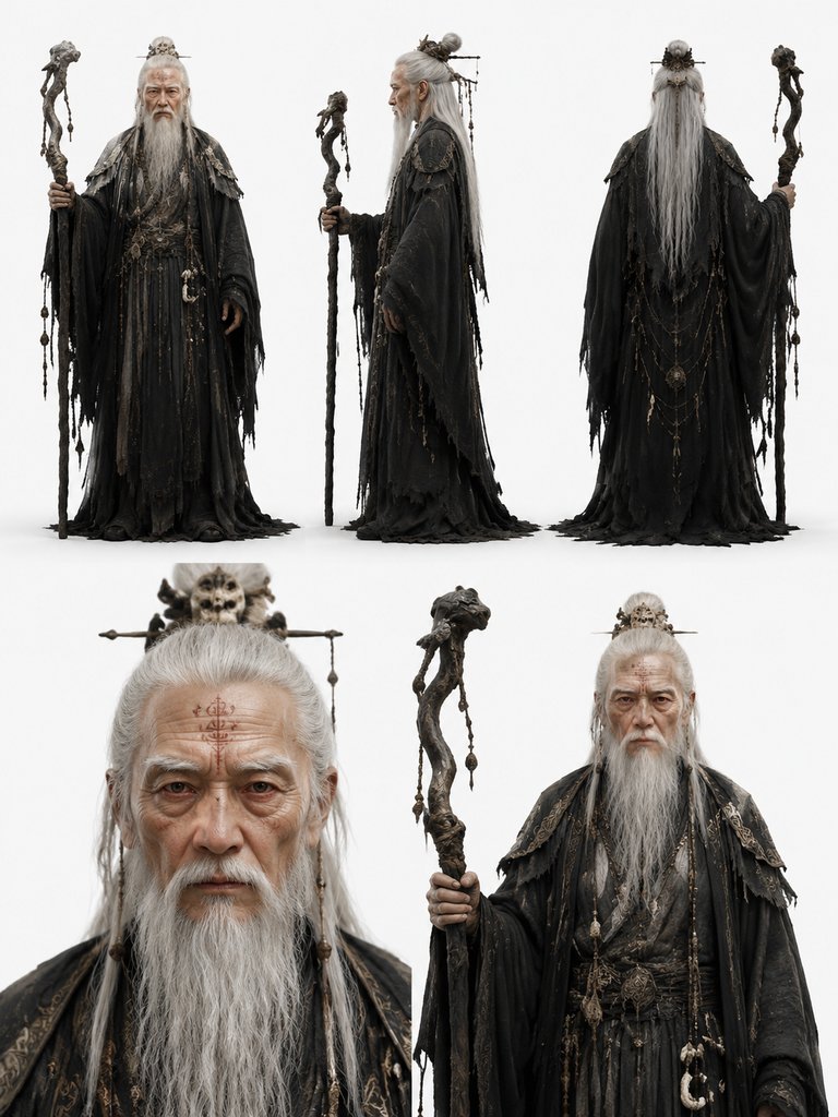 上古老巫祝，鹤发玄袍，手持骨杖，写实风格3D角色