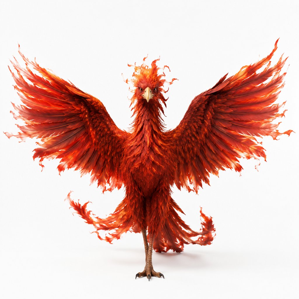上古异兽毕方，独足赤纹火鸟，火焰羽翼展开，写实3D风格