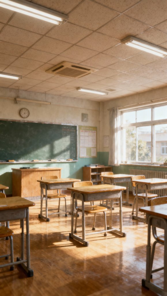 中小学教室内部，木质课桌椅排列整齐，黑板与窗户清晰可见，自然光照射，复古写实风格