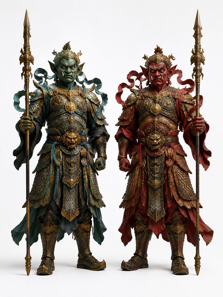 青绿与赤红面的千里眼顺风耳，披甲持矛，东方神话写实风格角色