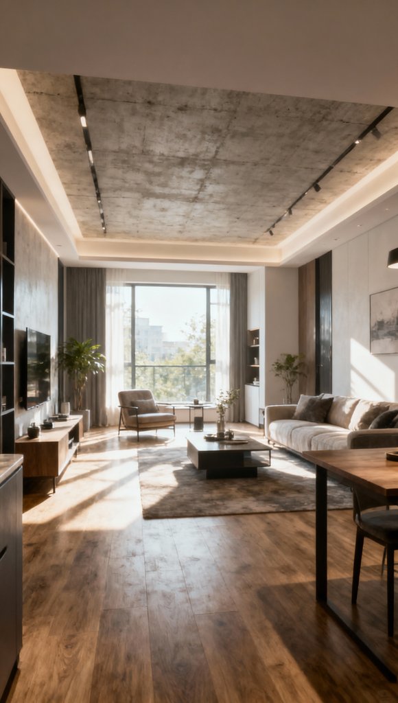 现代风格客厅，木质地板与混凝土天花板，大落地窗引入自然光，简约家具布置