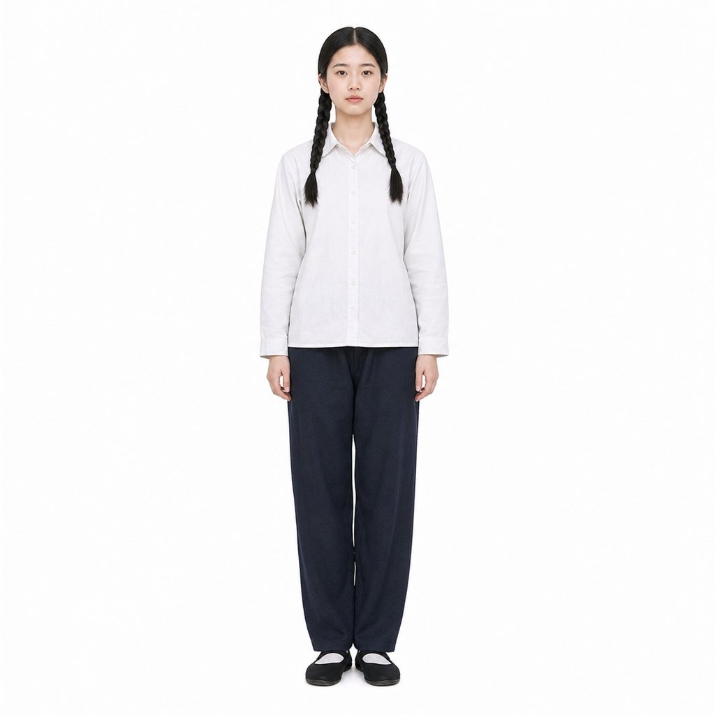 1970年代女高中生，黑发双辫，身穿朴素白棉布衬衫和深色长裤，身形纤细，复古风格