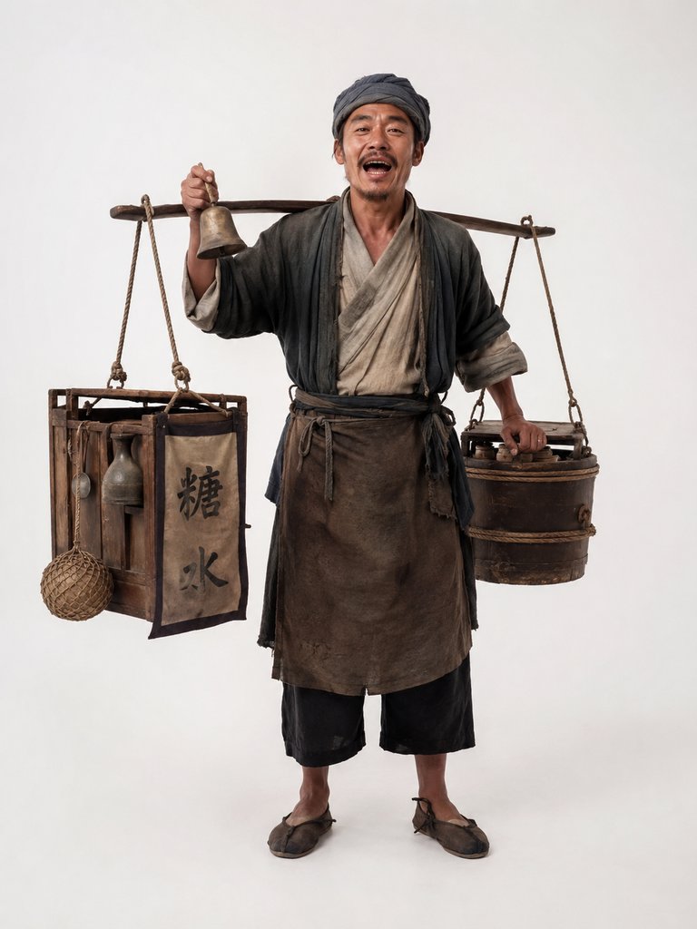 古代市井商贩肩挑糖水担，手持铜铃吆喝，身穿短打围裙，写实风格