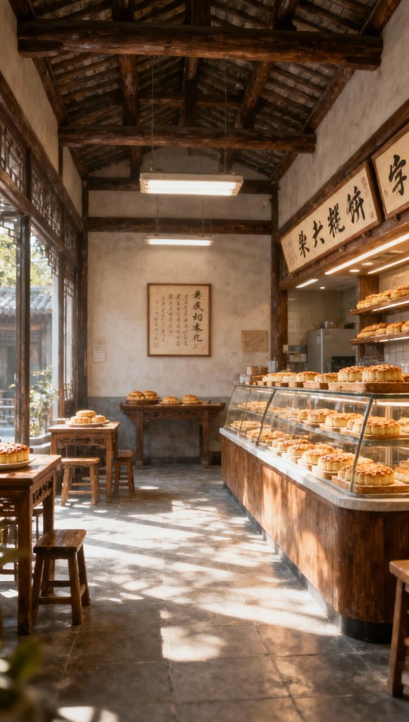 传统中式糕饼店内部，木质柜台陈列各式糕点，阳光透过窗户洒入，古朴典雅