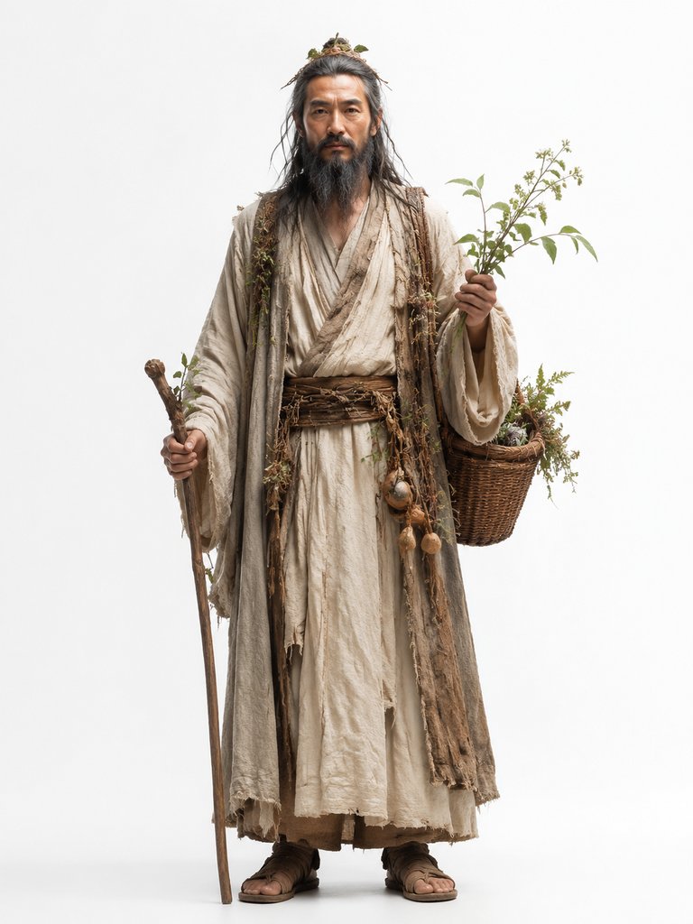 上古神农氏，身着破旧麻衣，手持药枝与木杖，肩背药篓，写实风格角色图