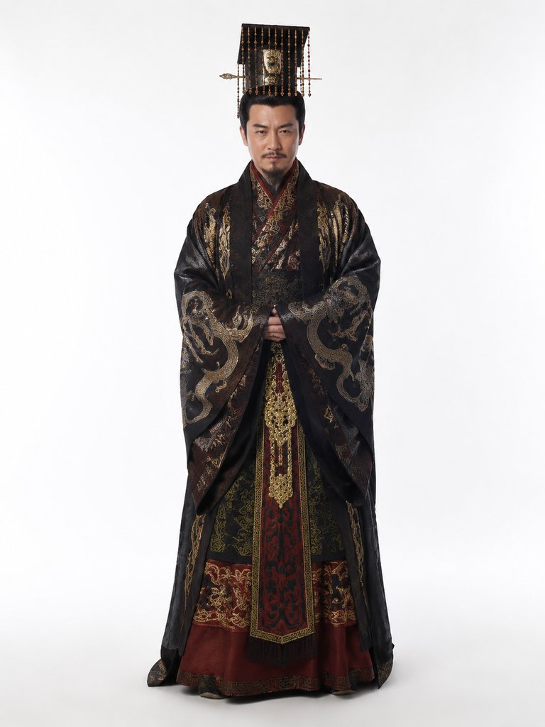 身穿华丽商周风格华服的男性角色，头戴冠冕，服饰细节精致，写实风格