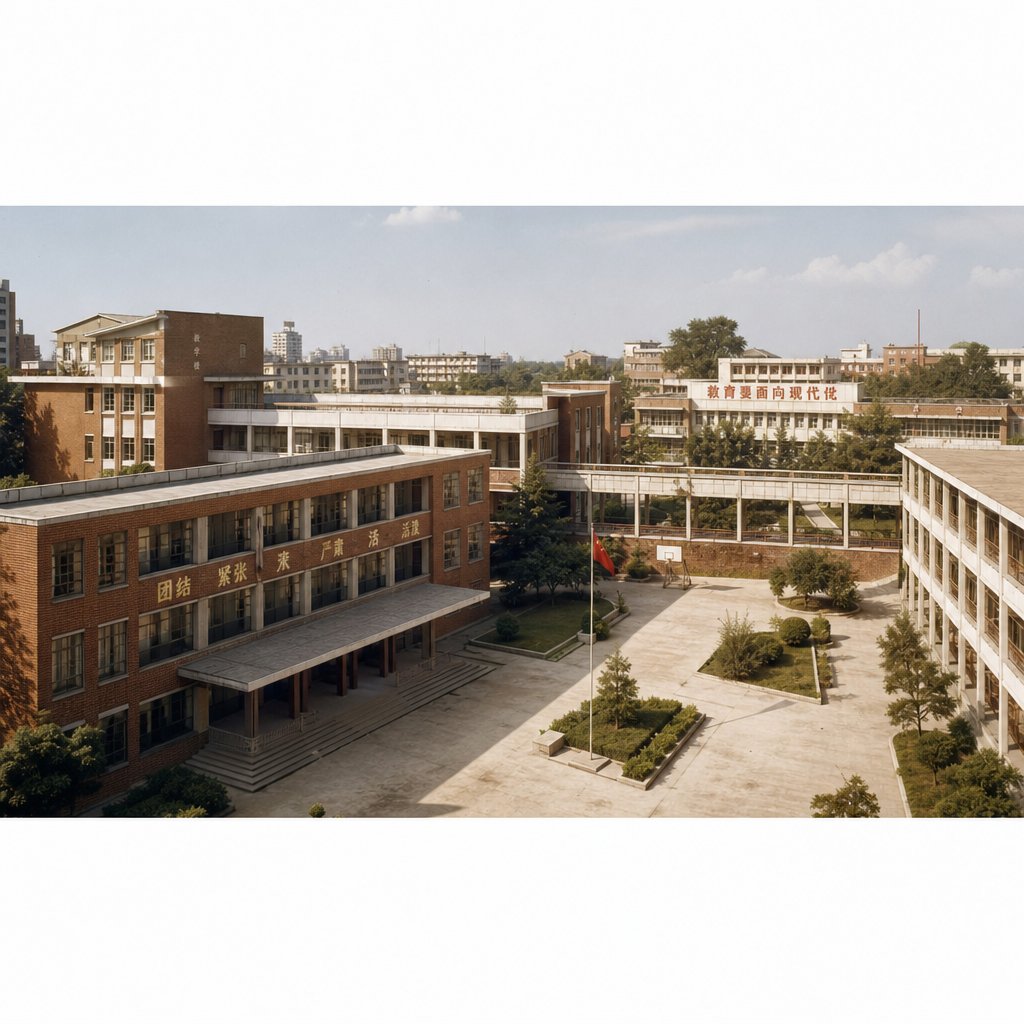 1970年代中国中学砖瓦教学楼，水泥操场与走廊，复古校园场景