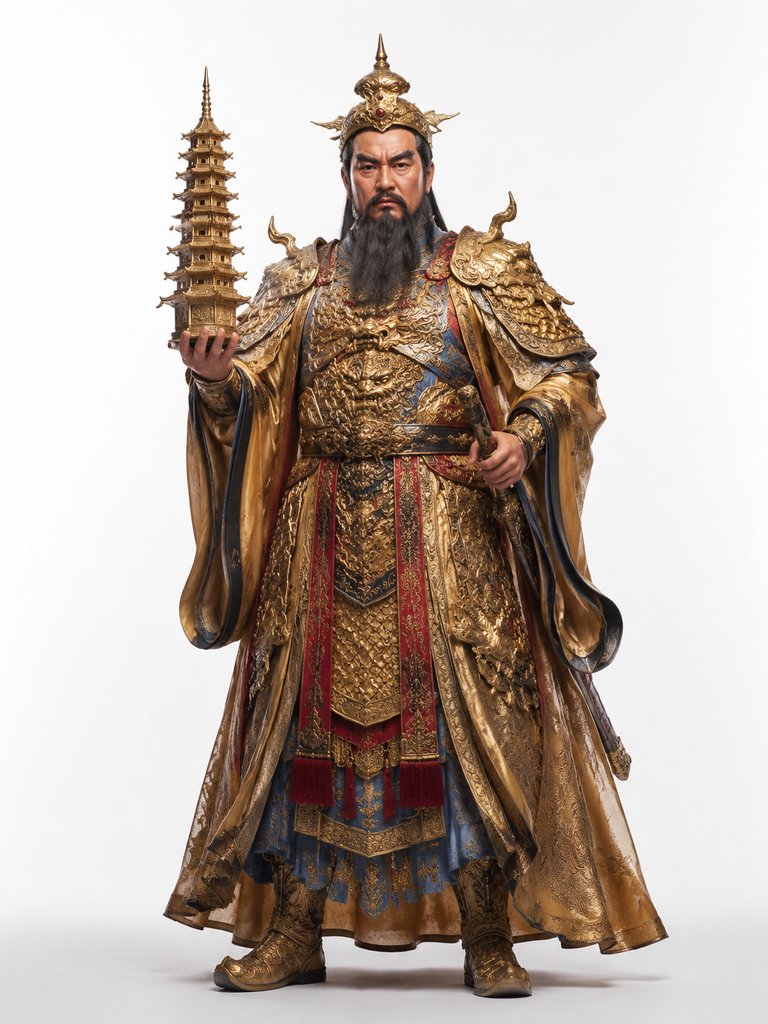 托塔天王身着金甲，手持玲珑宝塔，虬髯威严，东方神话写实风格角色