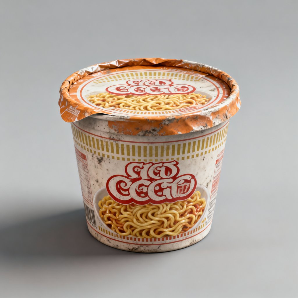 封口泡面桶，白色杯身印有红色品牌标志和面条图案，顶部为橙色封口膜，整体设计简洁实用