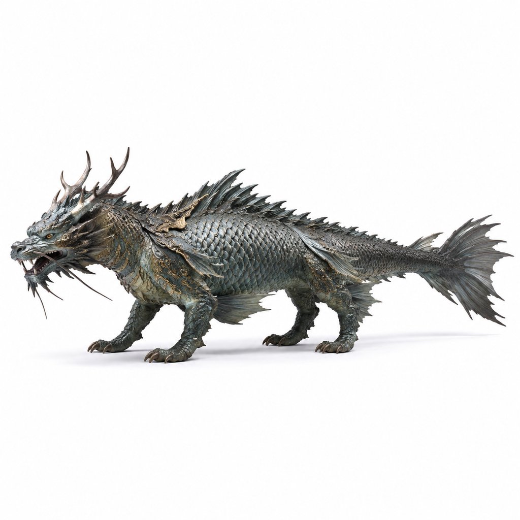 东方神话巨鱼龙首，鳞甲覆盖，龙宫鳌鱼写实3D模型