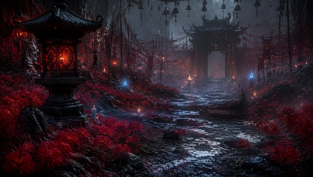 黄泉路彼岸花海，东方神话写实场景，红花灰雾中古灯磷火闪烁