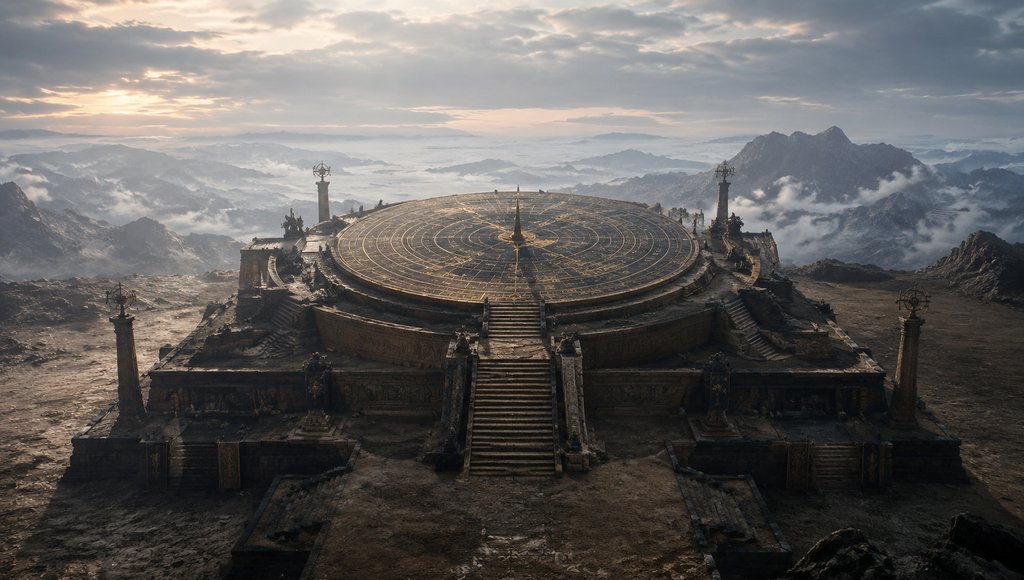 上古观星台，圆形星象图平台，夯土阶台，玄奥写实风格建筑