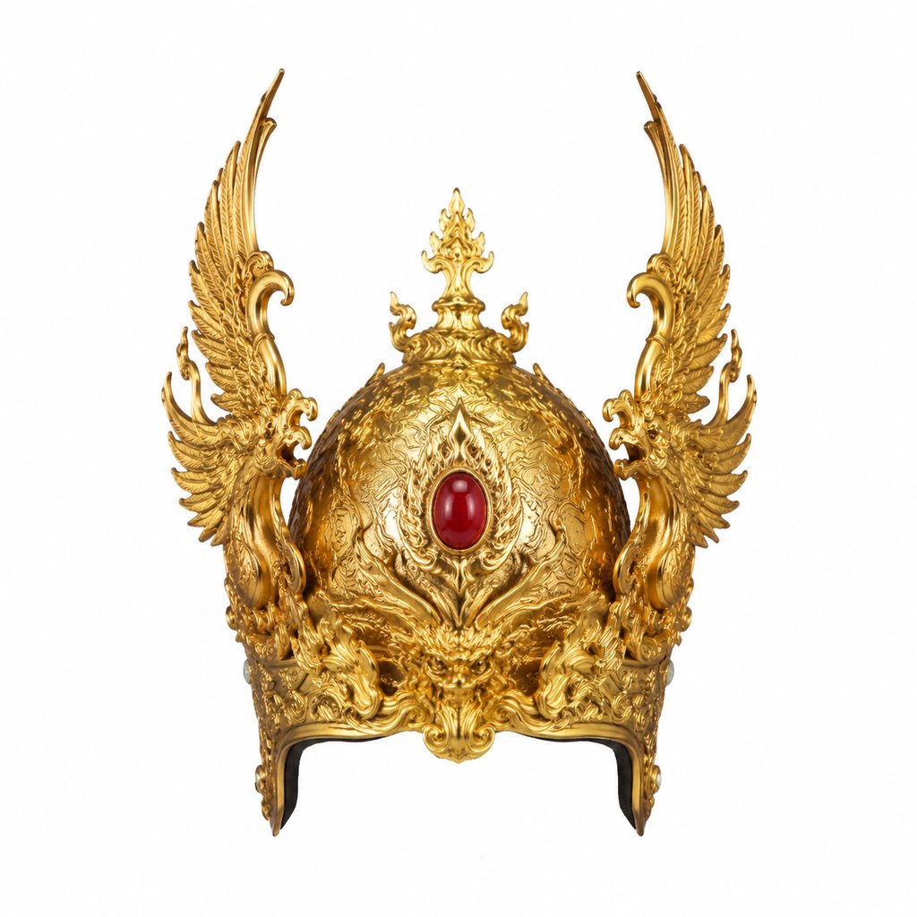 金色凤翅紫金冠，双凤凰展翅，中央镶嵌红宝石，华丽东方神话风格