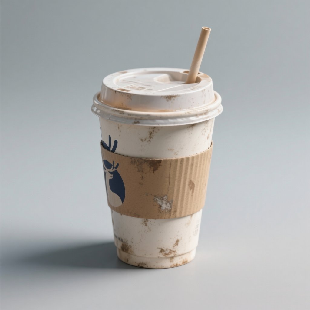 封口奶茶杯，带有吸管和纸套，表面有污渍，简约风格